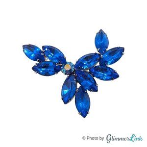 VTG Sparkly Deep Blue Navette & Round AB Rhinestones Floral Silver Tone Brooch